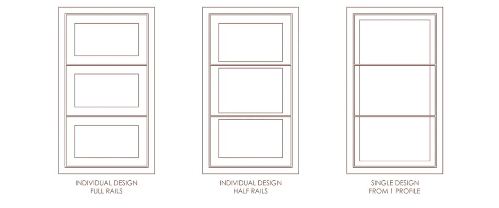 Wide range of customisations in drawer front design. Individual fronts, full or half rails from one design.