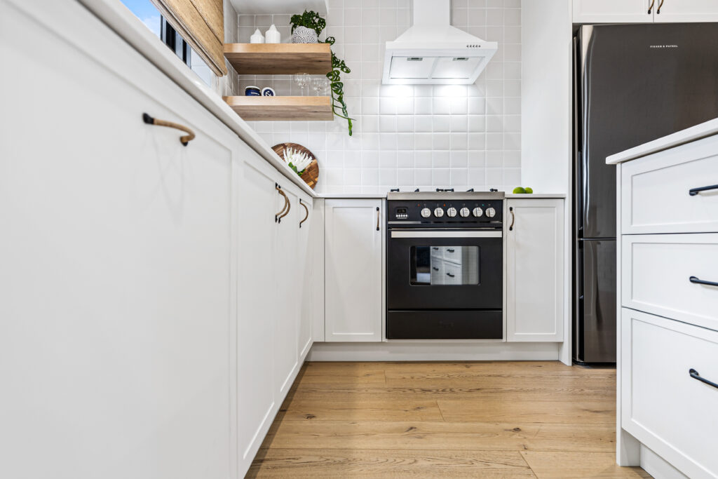 farmhouse style kitchen recessed profile doors